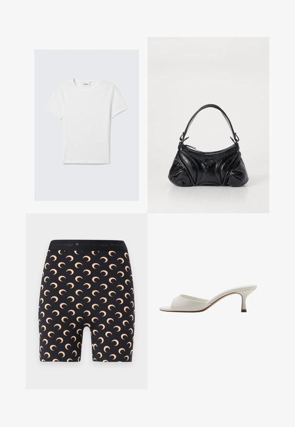 White short-sleeve T-shirt made of cotton. Features a crew neck, a plain design, and a logo label at the neckline. Smooth texture.; MARINE SERRE MOON MINI - Shorts - inverse tan; White open-toed high-heeled mules with a smooth finish, minimalist design, and a slender heel, featuring a subtle brown accent on the sole.; Black handbag made of textured leather with a rounded shape. Features a thin shoulder strap and decorative embossed patterns.