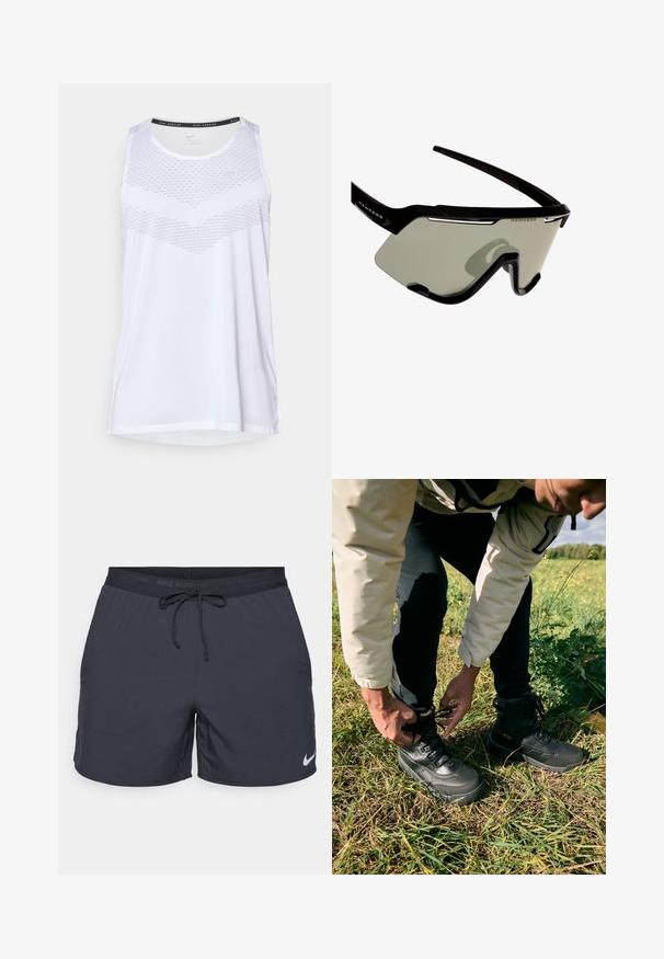 Valkoinen urheilullinen hihaton paita, jossa on pyöreä pääntie ja teksturoitu kuvio rinnan alueella, valmistettu hengittävästä materiaalista. Hihaton muotoilu.; Nike juoksushortsit, tummanharmaat, joustava vyötärö naruineen, sivutaskut, kevyttä kangasta, ja alahelmassa valkoinen Nike-logo.; Musta ulkoilukengät, joissa on teksturoitu nahkapäällinen ja kumipohja. Käyttäjä kiristää nauhoja seistessään nurmella.; Mustat urheilulasit, joissa on kietoutuva muotoilu, suuret harmaat linssit ja kestävä kehys, jossa on valkoisia yksityiskohtia ja logo.
