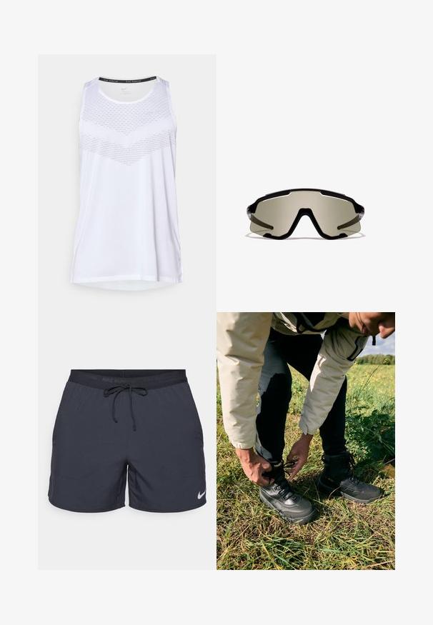 Valge sportlik tank top ümmarguse kaelusega, millel on tekstuurne muster rinnal ja hingav materjal. Varvutükkide disain.; Nike jooksutrikoosid, tumhalli värvi, elastne vöökoht koos kärguga, küljetaskud, kerge kangas, mille alumisel serval on valge Nike logo.; Mustad mustasaapad tekstuurse nahk ülemise ja kummist tallaga. Kandja pingutab paelu seistes rohu peal.; Mustad spordiprillid, millel on suured ümbritsevad rohelise tooniga läätsed, nurgeline disain ja läbipaistvad külgdetailid. Brändi nimi nähtav peal.
