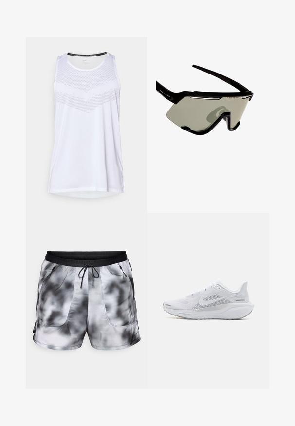 Weißes Sporttanktop mit rundem Halsausschnitt, das an der Brust ein strukturiertes Muster aufweist und aus atmungsaktivem Material besteht. Ärmelloses Design.; Männer Sportshorts in einem schwarz-weißen Batikmuster. Hergestellt aus leichtem, atmungsaktivem Material, mit zwei Reißverschlusstaschen und einem Kordelzugbund.; Weißer Sportschuh mit einem Obermaterial aus Mesh, glatten Überzügen, grauen Akzenten, Schnürsenkeln und einer gepolsterten Sohle, die für Leistung ausgelegt ist.; Schwarze Sportsonnenbrille mit Wraparound-Design, ausgestattet mit großen grauen Gläsern und einem stabilen Rahmen mit weißen Akzenten und Logo.