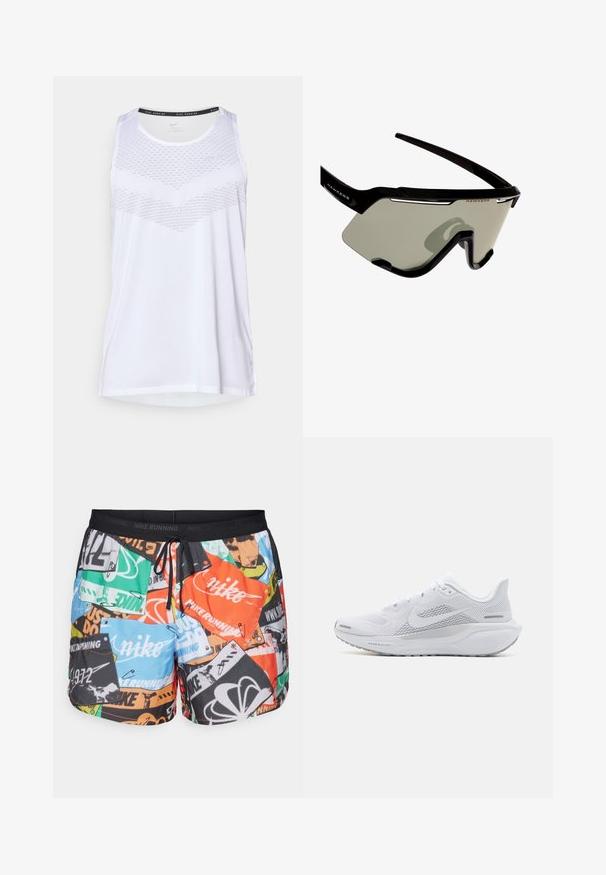 Weißes Sporttanktop mit rundem Halsausschnitt, das an der Brust ein strukturiertes Muster aufweist und aus atmungsaktivem Material besteht. Ärmelloses Design.; Nike Performance STRIDE RUN ENERGY - Kurze Sporthose - total orange/black/reflective silver; Weißer Sportschuh mit einem Obermaterial aus Mesh, glatten Überzügen, grauen Akzenten, Schnürsenkeln und einer gepolsterten Sohle, die für Leistung ausgelegt ist.; Schwarze Sportsonnenbrille mit Wraparound-Design, ausgestattet mit großen grauen Gläsern und einem stabilen Rahmen mit weißen Akzenten und Logo.