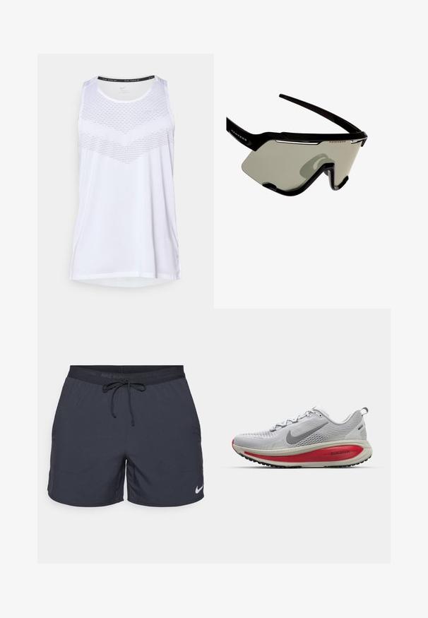 Valkoinen urheilullinen hihaton paita, jossa on pyöreä pääntie ja teksturoitu kuvio rinnan alueella, valmistettu hengittävästä materiaalista. Hihaton muotoilu.; Nike juoksushortsit, tummanharmaat, joustava vyötärö naruineen, sivutaskut, kevyttä kangasta, ja alahelmassa valkoinen Nike-logo.; Nike juoksukengät vaaleanharmaasta verkkokudoksesta punaisilla yksityiskohdilla, joissa on pyöreä kärki, paksu pehmustettu pohja ja teksturoitu pohja pitävyyttä varten.; Mustat urheilulasit, joissa on kietoutuva muotoilu, suuret harmaat linssit ja kestävä kehys, jossa on valkoisia yksityiskohtia ja logo.