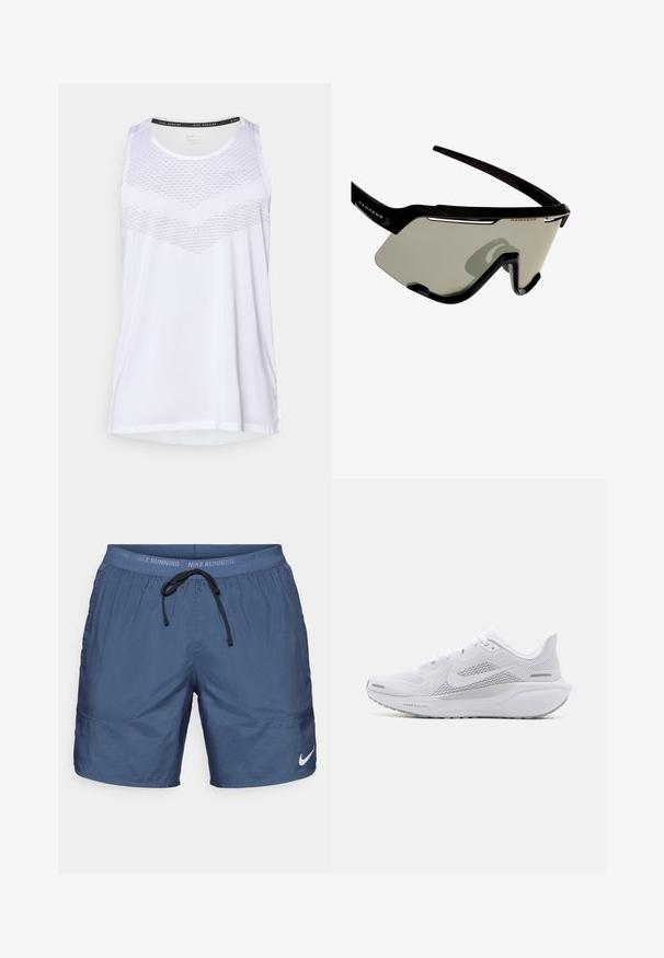 Weißes Sporttanktop mit rundem Halsausschnitt, das an der Brust ein strukturiertes Muster aufweist und aus atmungsaktivem Material besteht. Ärmelloses Design.; Marineblaue Sportshorts aus leichtem Material, mit einem elastischen Bund und Kordelzug sowie Seitentaschen. Logo-Akzent am Bein.; Weißer Sportschuh mit einem Obermaterial aus Mesh, glatten Überzügen, grauen Akzenten, Schnürsenkeln und einer gepolsterten Sohle, die für Leistung ausgelegt ist.; Schwarze Sportsonnenbrille mit Wraparound-Design, ausgestattet mit großen grauen Gläsern und einem stabilen Rahmen mit weißen Akzenten und Logo.