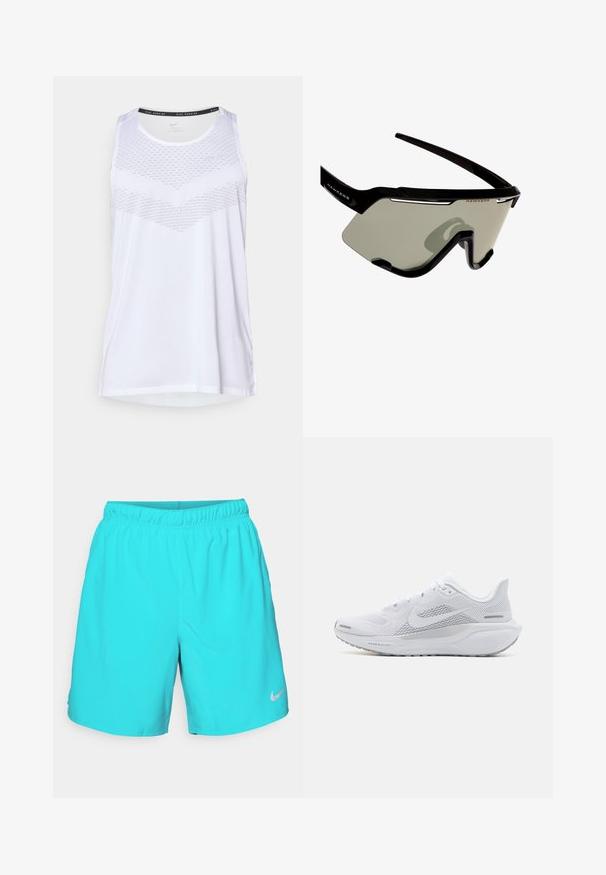 Balts sporta topiņš ar apaļu kakla izgriezumu, ar teksturētu rakstu uz krūtīm un elpojošu materiālu. Bezdarbu dizains.; Tirkīza krāsas Nike šorti ar elastīgu jostu, gludu tekstūru un mazu sudraba logo akcentu apakšējā labajā kājā.; Baltā sporta apava ar sieta augšdaļu, gludām tekstūras aplikācijām, pelēkiem akcentiem, šņorēm un amortizētu zoli, kas izstrādāta veiktspējai.; Melnas sporta saulesbrilles ar apvācojošu dizainu, kas aprīkotas ar lieliem pelēkiem lēcām un izturīgu rāmi ar baltām akcents un logotipu.