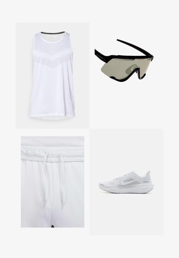 Valkoinen urheilullinen hihaton paita, jossa on pyöreä pääntie ja teksturoitu kuvio rinnan alueella, valmistettu hengittävästä materiaalista. Hihaton muotoilu.; Valkoiset urheilushortsit, joissa on verkkokankainen vyötärö, säädettävät nauhat ja pehmeä, teksturoitu kangas, jossa on näkyviä sauma- yksityiskohtia.; Valkoinen urheilukenkä, jossa on verkkomateriaali yläosa, sileät tekstuuriset päällysteet, harmaat yksityiskohdat, nauhat ja pehmustettu pohja, joka on suunniteltu suorituskykyä varten.; Mustat urheilulasit, joissa on kietoutuva muotoilu, suuret harmaat linssit ja kestävä kehys, jossa on valkoisia yksityiskohtia ja logo.