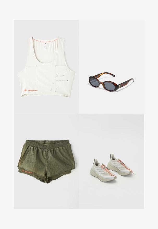 White athletic tank top with a scoop neckline, orange branded trim, and metallic print text "run with the mind." Features minimalist design elements.; Olive green athletic shorts with an elastic waistband, inner lining, perforated side panels, and a red logo accent.; Light-colored athletic shoes with a textured white fabric upper, orange laces, and a thick, cushioned sole. Three-stripe design on the side.; Brown tortoiseshell sunglasses with oval lenses and dark grey tint. Features a gold-tone accent on the temples. Smooth plastic texture.