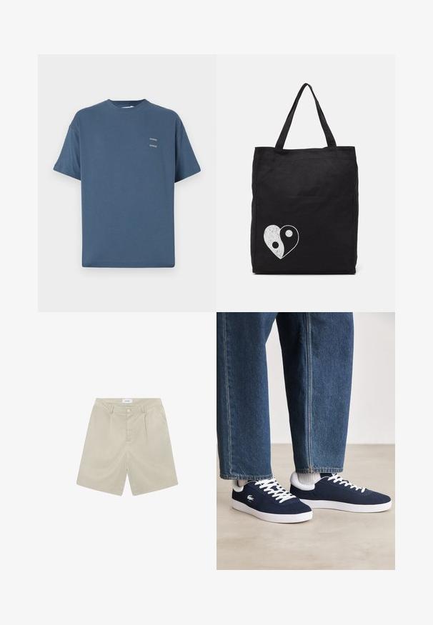Sinine puuvillane T-särk klassikalise ümmarguse kaelusega, lühikeste varrukatega, vabalt istuv ning kahel väikesel prinditud logol rinnal. Sile tekstuur.; Bežid kohandatud lühikesed püksid, millel on lame esikülg, kaks külge taskut ja üks nööbi sulgemine. Valmistatud kergest ja siledast kangast.; Sinised kangast spordijalatsid valgete paelte ja kummitaldadega, eksponeeritud teksatõmblustega pükste ja hallide soonikkudega sokkidega, heledal hallil pinnal.; Must must kott, mis on valmistatud kangast, millel on valge yin-yang südame graafika. Kaks tugevat sangast, et hõlbustada kandmist. Lihtne ristküliku kujuline disain.