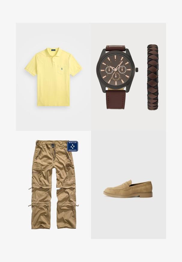 Polo majica kratkih rukava u pastelno žutoj boji od pamuka s tri dugmeta i džepom na lijevoj strani prsnog dijela koji sadrži mali plavi logo.; Kaki cargo hlače izrađene od tkanine koja odbija vodu. Imaju više zatvorenih džepova i odvojive donje nogavice za svestranost.; Svijetlosmeđi zamjenski mokasini s zaobljenim vrhom, niskim blok-petama i šivanjem na gornjem dijelu. Glatka tekstura i minimalistički dizajn.; Pier One SET - Ručni sat - black/brown