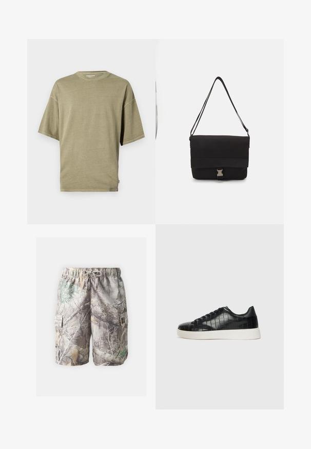 Olive green short-sleeve t-shirt made of soft fabric, featuring a round neckline and a relaxed fit with stitched hems.; Camouflage cargo shorts featuring a lightweight material, adjustable drawstring waist, side pockets, and a mix of earthy tones and patterns.; Black sneakers featuring a textured croc-embossed leather upper, rounded toe, and a contrasting white rubber sole with a smooth finish.; Black messenger bag made of smooth material, featuring a fold-over flap, silver clasp hardware, and an adjustable shoulder strap.
