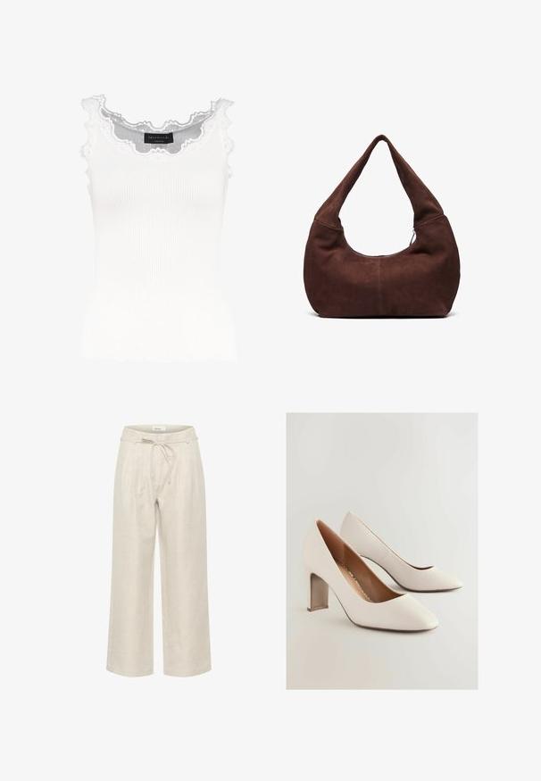 Bela rebrasta majica bez rukava z čipkastim obodom na izrezu in rokavih. Ima mehko teksturo in prilegajočo obliko. Znamka vidna znotraj.; Beige lanene hlače širokega kroja z vrvico v pasu in sprednjimi plitvami, gladke teksture in dolžine do gležnjev.; Bela usnjena visoka petna obutev z ostrim nosom in debelim blokom. Teksturna površina z gladkim notranjim delom.; Rjava semiš torba hobo z ukrivljenim, širokim ročajem in velikim odprtjem. Mehka tekstura z vidnimi šivi ob robovih.