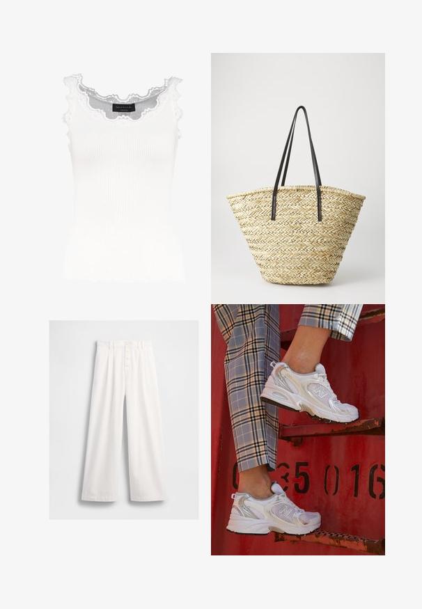 Bílý žebrovaný tílko s krajkovým lemem na výstřihu a rukávech. Má jemnou texturu a přiléhavý střih. Značková etiketa viditelná uvnitř.; Bílé kalhoty s širokými nohavicemi z hladkého materiálu, s vysokým pasem, viditelným předním knoflíkovým zapínáním a úhledným prošíváním na lemech.; Bílé síťované tenisky se stříbrnými akcenty a texturovanou podrážkou, umístěné na červeném povrchu, zkombinované s kostkovanými kalhotami.; Tkaná slámová taška s širokým, zúženým tvarem, se dvěma černými koženými uchy. Přírodní béžová barva s texturovaným povrchem.