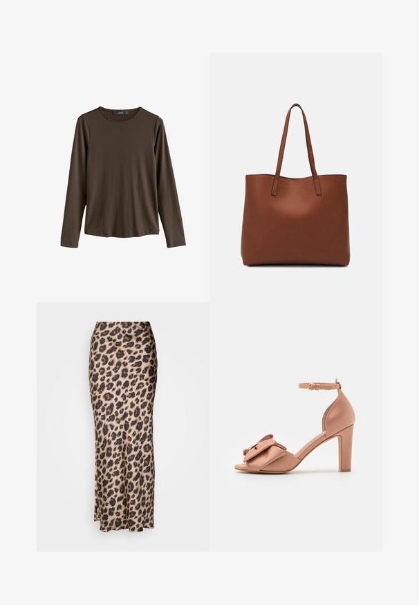 Hnedá dlhá rukávová košeľa vyrobená z hladkej tkaniny. Má okrúhly výstrih a rovný lem, bez viditeľných vzorov alebo akcentov.; Midi sukňa s leopardím vzorom vyrobená z hladkého saténového materiálu. Má priliehavý strih s jemným rozparkom na leme pre lepší pohyb. Neutrálna béžová a hnedá farba.; Lodičkové sandále na vysokom opätku z jemného ružového saténu s veľkou mašlou na prednej strane. Obsahujú remienok okolo členku a hladký, lesklý povrch.; Hnedá kožená taška na rameno s hladkou textúrou, otvoreným vrchom a dvoma ramenými popruhmi. Má minimálne šitia a žiadne viditeľné kovania.