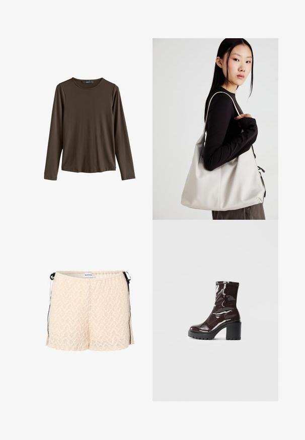 Brun langærmet skjorte lavet af glat stof. Har en rund halsudskæring og lige kant, uden synlige mønstre eller accenter.; Ferskenfarvede blondeshorts med elastisk talje, sidesnore og et chevronmønster. Blød tekstur og løs pasform for komfort.; Glatte burgunder ankelstøvler med en chunky sort hæl, der har en glat tekstur og et simpelt design. Ingen synlige lukninger eller mønstre.; Beige håndtaske lavet af blødt materiale med et slouchy design, stikninger og to skulderremme. Velegnet til daglig brug.