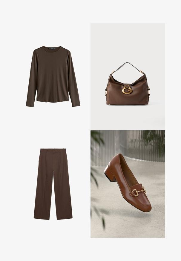 Rjava dolga majica z dolgimi rokavi, izdelana iz gladkega materiala. Ima okroglo ovratnico in ravno rob, brez vidnih vzorcev ali akcentov.; Rjave široke hlače iz gladkega materiala, ki imajo visok pas, sprednje gube in dve stranski žepi.; Rjavi lakirani loafer z kvadratnim nosom, kovinsko verigo kot okrasom in nizko blok podplatom; gladka tekstura, minimalističen dizajn.; Rjavo usnjeno ročna torbica z teksturirano površino, ki ima zlato toniran zaklep in en sam, ukrivljen naramnico.