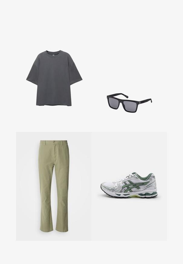 Grijze oversized t-shirt, korte mouwen, ronde hals, katoenmix stof, gladde textuur, minimalistisch ontwerp zonder patronen of accenten.; Lichtgroene katoenen broek met een recht model, voorzien van een sluiting met een voorste knoop en een subtiele textuur. Geen zichtbare patronen of accenten.; Witte hardloopschoen met zilveren accenten, groene gaasrand en groene strepen. Kenmerkt zich door een gestructureerd gaasbovenwerk en een gevoerde zool.; Zwarte rechthoekige zonnebril met donkere lenzen, een matte afwerking en logo-detail op de sluiting. Het ontwerp heeft rechte randen en dikke monturen.