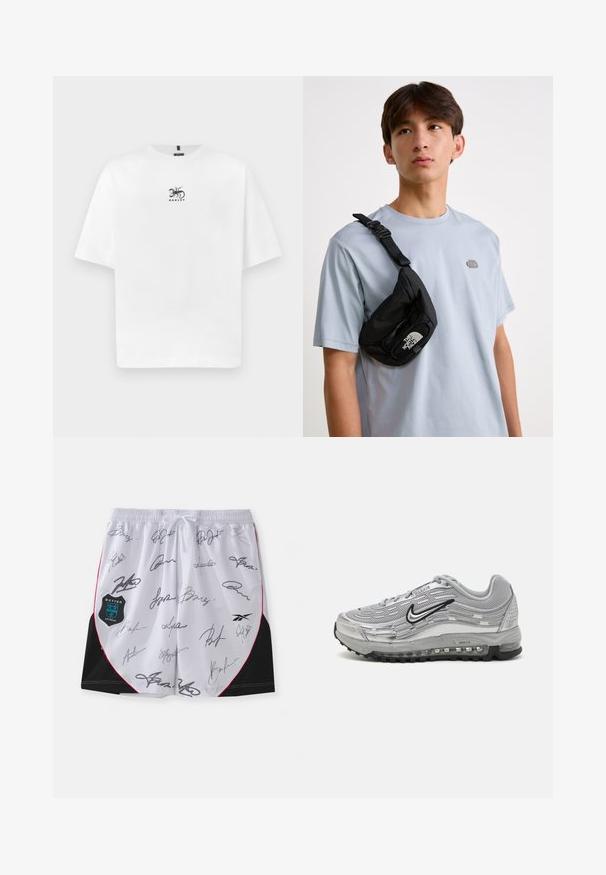 Camiseta de manga curta branca feita de algodão com decote redondo, apresentando um logótipo de escorpião bordado em preto e o nome da marca.; Calções brancos com detalhes pretos e contornos vermelhos, apresentando várias assinaturas pretas. Inclui um logo do Botter Antwerp no lado esquerdo.; Sapatilhas Nike Air Max cinzas com um upper em malha e sintético, design em forma de onda, acentos em preto e uma unidade de amortecimento de ar visível.; Saco crossbody preto em nylon com alça ajustável, apresentando um logotipo branco em destaque. Usado sobre uma t-shirt azul clara. Design simples e funcional.