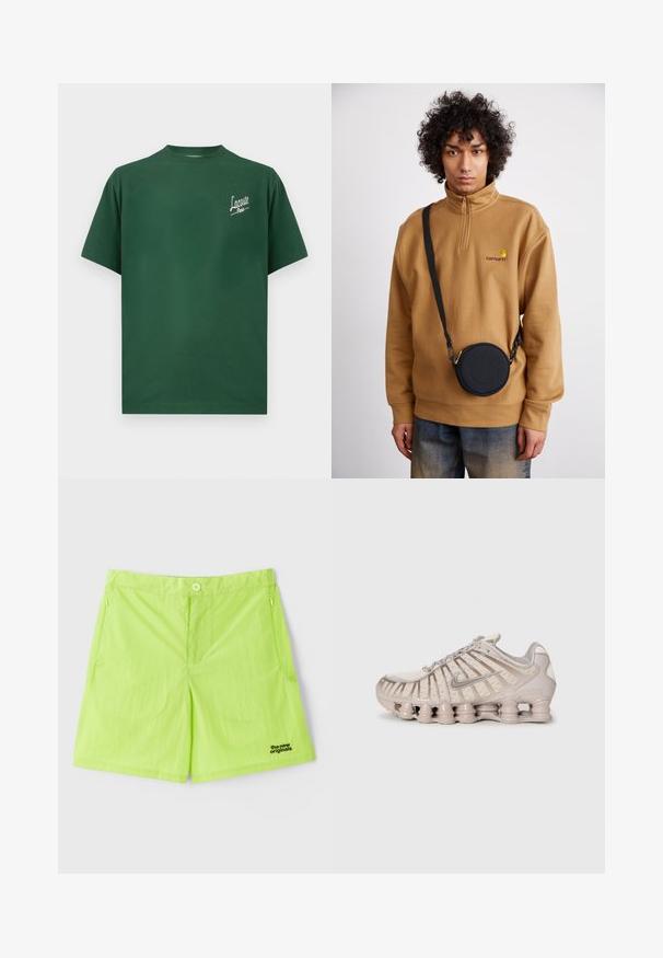 Žalias medvilninis marškinėliai su apykakle, trumpomis rankovėmis ir baltu "Lacoste Paris" tekstiniu logotipu kairėje krūtinės pusėje.; Neon žalios spalvos šortai, pagaminti iš lengvos medžiagos, su mygtukų uždarymu, dviem šoninėm kišenėm ir logotipu apatiniame dešiniajame kampe.; Šviesiai rudos spalvos sportiniai bateliai su tinklinėmis viršutinėmis dalimis, struktūrizuota forma ir ypač išskirtiniu paminkštintu padu, kuriame yra cilindrinės dalys.; Rudas ketvirčio užtrauktuko vilnos švarkas su siuvinėtu logotipu, derinamas su juodu apvaliu per petį nešiojamu krepšiu su užtrauktuku ir logotipo detale, dėvimas virš džinsų.
