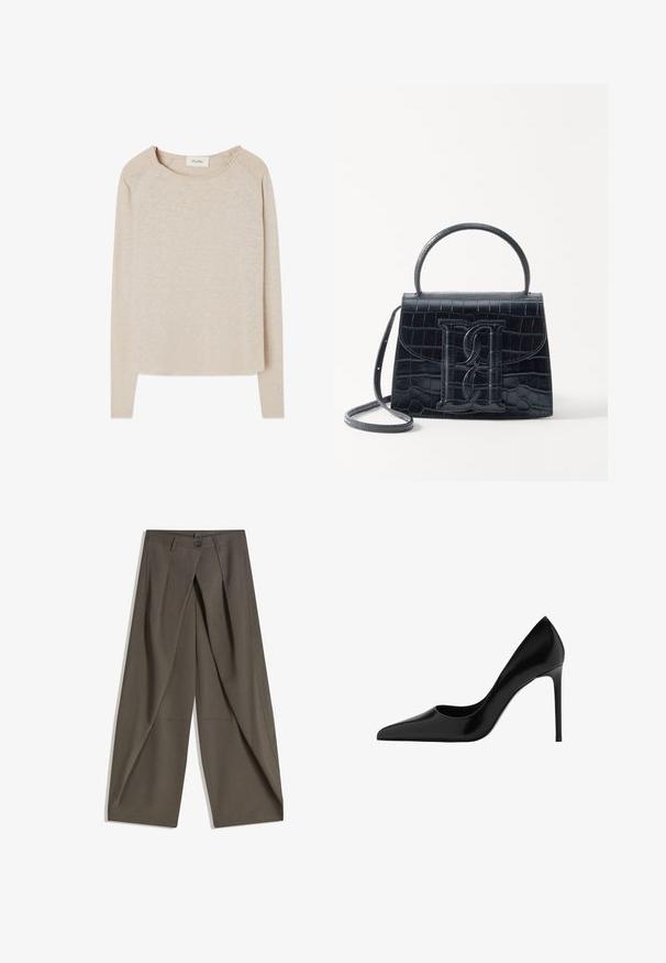 Maglietta beiges a maniche lunghe con un tessuto morbido e texture. Presenta un collo rotondo e maniche raglan. Orlo curvo con una vestibilità rilassata.; Pantaloni a gamba larga realizzati in un tessuto testurizzato grigio scuro. Presentano una piega frontale, chiusura con bottone e tasche laterali per praticità.; Scarpa con tacchi alti in vernice nera, punta affusolata, superficie liscia, tacco stiletto sottile, design minimale, senza motivi o accessori visibili.; Borsa in pelle nera con incisione a forma di coccodrillo, dal design strutturato, dotata di manico superiore, tracolla regolabile e un evidente dettaglio logo frontale.
