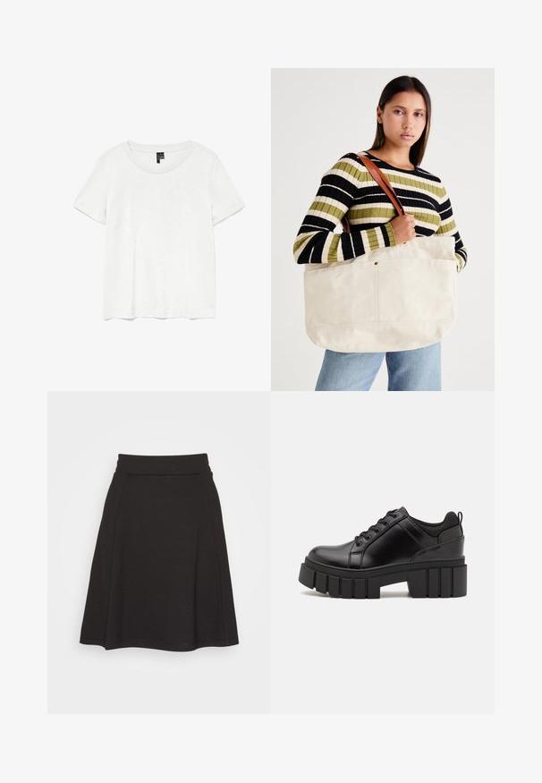 Hvit T-skjorte med kort erm og rund hals, laget av lett stoff. Enkelt design, glatt tekstur og rett søm.; Svart utsvakt skjørt laget av et mykt stoff med glatt tekstur. Har en bred livlinje og faller til midt på lårene.; Svarte lærplattformsko med kraftig blokkhell, rund tå og tradisjonell snøring. Har en jevn tekstur og minimal detaljering.; Stor beige kanvas tote bag med brune lærreimer, med et minimalistisk design og synlige sømdetaljer.