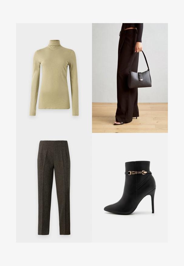 Langarm-Turtleneck-Top in hellem Olivgrün, mit schlanker Passform und glattem, leicht strukturiertem Stoff ohne Verzierungen.; Braune, gewebte Hosen mit maßgeschneidertem Schnitt, die eine Falte auf der Vorderseite und gerade Beine aufweisen. Das Material ist strukturiert und leicht glänzend.; Schwarze Lederstiefelette mit spitzer Zehe, Stiletto-Absatz und einem goldenen Schnallenakzent an einem Riemen um den Knöchel. Glatte Textur.; Schwarze Handtasche mit strukturierter Form, glatter Textur und einem metallischen Verschluss. Kombiniert mit weiten schwarzen Hosen und offenen Sandalen auf einem Holzboden.