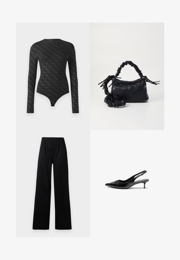 Svart långärmad body med figursydd passform, prydd med ett diamanthmönster och små blommor. Den har en rund halsringning och trosliknande nederdel.; Svarta vida byxor med elastisk midja; gjorda av texturerat tyg, med en minimalistisk design och raka ben.; Svarta läder slingback klackar med spetsig tå, liten kittenklack och en dekorativ knutdetalj på framsidan. Slät textur hela vägen.; Svart faux läderhandväska med krokodiltextur, snodd topp och en skrämd rem. Ser mjuk och kompakt ut i designen.