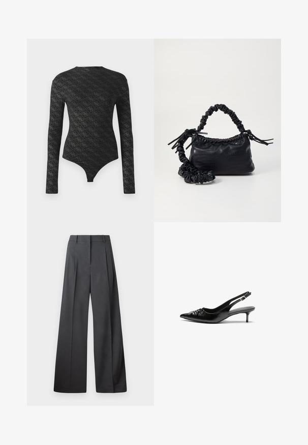Fekete, hosszú ujjú, testhez simuló bodysuit, gyémánt és kis virágmintával, kerek nyakkivágással és tangastílusú aljjal.; Széles szárú nadrág sötétszürke anyagból, magas derekú, egyes redőkkel, sima textúrával és tiszta befejezéssel a szegélyeken.; Fekete bőrből készült slingback magassarkú cipők hegyes orral, kis francia sarokkal és díszes csomóval az elején. Az egész felületen sima textúra.; Fekete műbőr kézi táska krokodil bőr textúrával, összehúzható tetejű és gyűrt pánttal. Lágy és kompakt dizájnúnak tűnik.