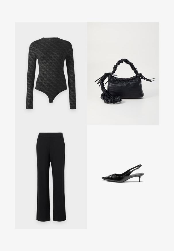 Črn dolgolastni body s prilagojenim krojem, okrašen z diamanti in majhnim cvetličnim vzorcem, z okroglim izrezom in dnom v slogu tanga.; Črne flare hlače z gladko teksturo, srednje visokim pasom in stranskimi žepi. Enostaven dizajn brez vzorcev ali okraskov.; Črne usnjene slingback pete z izostrenim nosom, majhno mačje peto in okrasno vozličasto podrobnostjo na sprednjem delu. Gladka tekstura po celotni površini.; Črna torbica iz umetnega usnja s krokodilovo teksturo, z zvitim vrhom in zmečkano naramico. Zdi se mehka in kompaktna v oblikovanju.