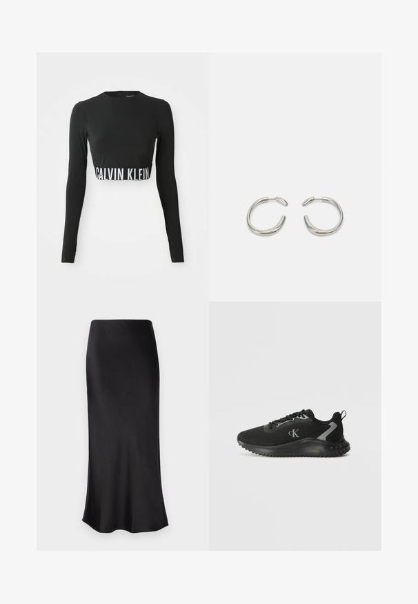 Czarny długi rękaw crop top z wysokim dekoltem i białą taśmą z logo "Calvin Klein" wokół talii.; Czarna midi spódnica o gładkiej, błyszczącej strukturze, z bocznym rozcięciem i prostym wzorem. Dopasowuje się blisko ciała i delikatnie opada na krawędzi.; Czarne niskie buty sportowe z oddychającej siateczki, z zapięciem na sznurowadła, teksturowaną podeszwą i logo "cK" po boku.; Srebrne kolczyki w kształcie kół z gładkim, zaokrąglonym wzornictwem i błyszczące, polerowane wykończenie. Charakteryzują się minimalistycznym kształtem z delikatnym otwarciem.
