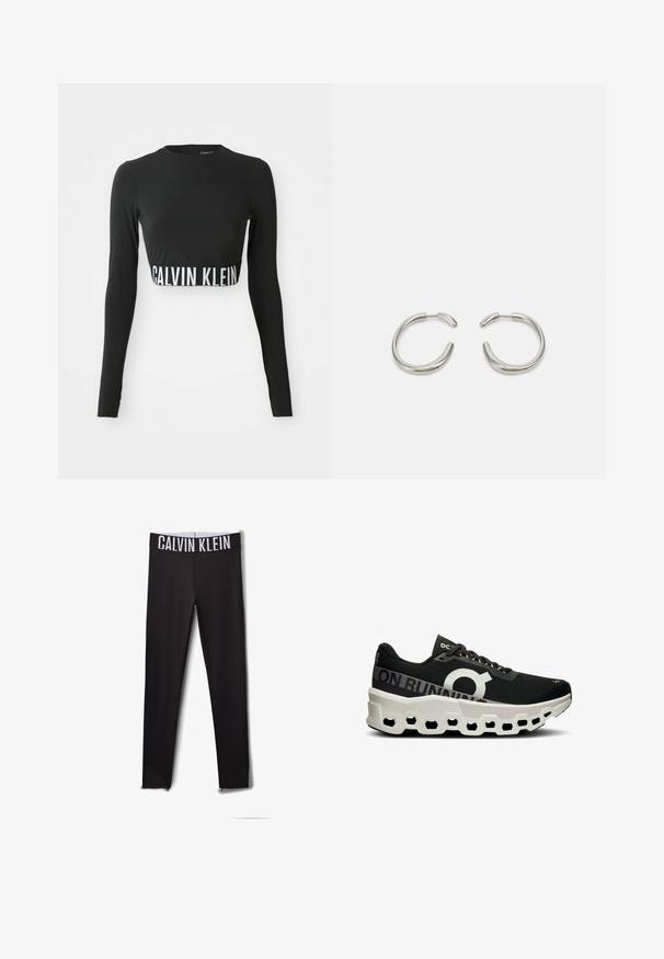 Mustapohja pitkähihaisesta crop-topista, jossa on korkea kaulus ja valkoinen "Calvin Klein" -logo vyötärön ympäri.; Musta legginssit, joissa on valkoinen "CALVIN KLEIN" -logo vyötäröllä. Sileä materiaali, tiukka muotoilu, jossa on verkkokankaisia yksityiskohtia nilkoissa.; Musta juoksukenkä, jossa on teksturoitu verkko-osa, voimakas valkoinen logo sekä ainutlaatuinen valkoisen ja mustan muoviosan pohja, jossa on kuusikulmaisia reikiä.; Hopehope hopeat hopeat hopealimokohvimeyfionekiväyheyväyhyvä tahilapolkeen kivi pevohuo huopehikabohhoippuh vohopohivhivimehillani healykiken. Hohihiykyhka.