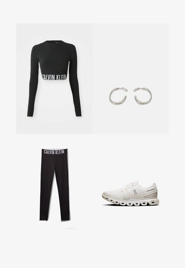Black long-sleeve crop top with high neckline and white "Calvin Klein" logo band around the waist.; Black leggings with a white "CALVIN KLEIN" logo on the waistband. Smooth material, fitted design, featuring mesh accents at the ankles.; White athletic shoe with a mesh upper, flat laces, and a distinctive sole featuring segmented cushioning and subtle grey accents.; Silver hoop earrings with a smooth, rounded design and a sleek, polished finish. Features a minimalistic shape with a slight opening.