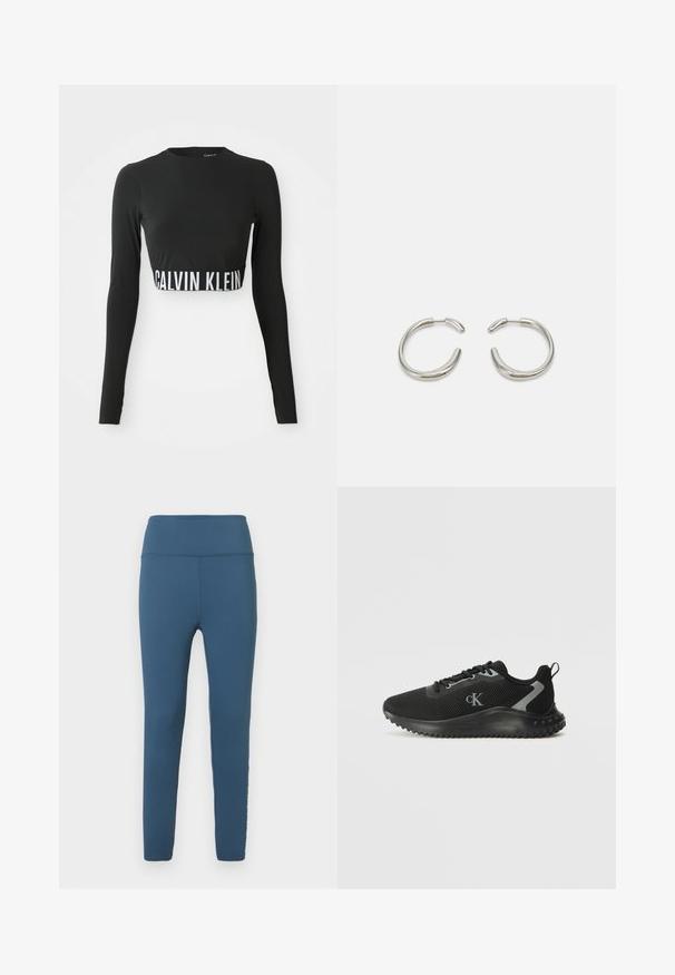 Svart langermet crop topp med høy hals og hvit "Calvin Klein" logo-bånd rundt livet.; Blå høytalende leggings laget av elastisk stoff. Glatt tekstur med slank passform og sømdetaljer langs sømmene.; Svart lavtoppaid sneakers med pustende mesh, snøret design, teksturert såle og "cK" logo på siden.; Sølv hoop øredobber med en glatt, avrundet design og en elegant, polert finish. Har en minimalistsk form med en liten åpning.