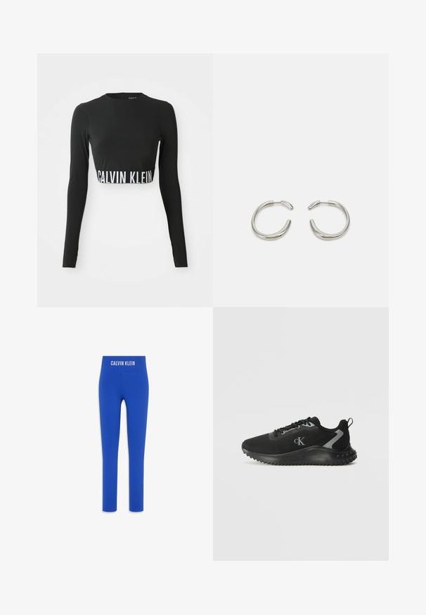 Top nero a maniche lunghe corto con collo alto e banda con logo "Calvin Klein" bianca attorno alla vita.; Leggings blu in tessuto morbido e elasticizzato con vita alta, caratterizzati da un logo bianco "CALVIN KLEIN" sulla parte superiore.; Sneaker atletica nera a bassa top con rete traspirante, design con lacci, suola testurizzata e logo "cK" di lato.; Orecchini a cerchio in argento con un design liscio e arrotondato e una finitura lucida e elegante. Presentano una forma minimalista con una leggera apertura.