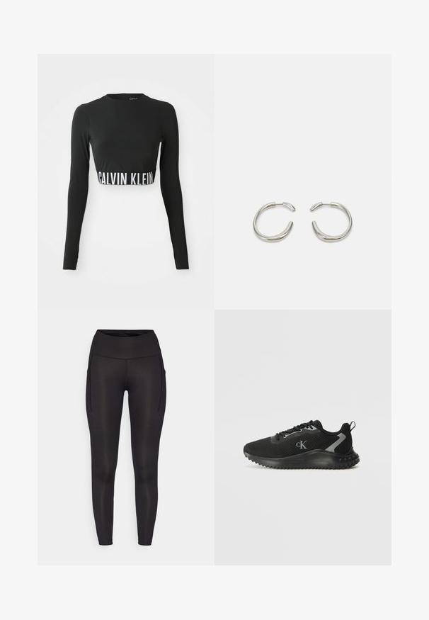 Top corto negro de manga larga con cuello alto y banda con el logo en blanco de "Calvin Klein" alrededor de la cintura.; Leggings negros con una cinturilla alta, que cuentan con dos bolsillos laterales y una textura suave y elástica. Diseñados para ofrecer comodidad y libertad de movimiento.; Zapatilla atlética baja negra con malla transpirable, diseño con cordones, suela texturizada y logo "cK" en el lateral.; Pendientes de aro de plata con un diseño suave y redondeado y un acabado pulido y elegante. Presentan una forma minimalista con una ligera abertura.