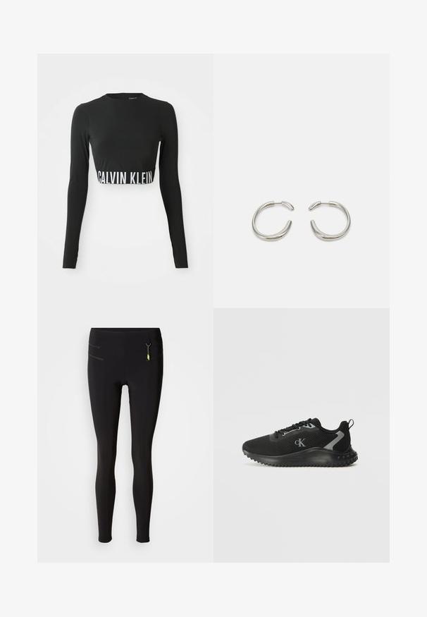 Czarny długi rękaw crop top z wysokim dekoltem i białą taśmą z logo "Calvin Klein" wokół talii.; Czarne legginsy wykonane z elastycznego materiału, z wysokim stanem, zamykanymi na zamek kieszeniami z żółtymi akcentami oraz gładką fakturą.; Czarne niskie buty sportowe z oddychającej siateczki, z zapięciem na sznurowadła, teksturowaną podeszwą i logo "cK" po boku.; Srebrne kolczyki w kształcie kół z gładkim, zaokrąglonym wzornictwem i błyszczące, polerowane wykończenie. Charakteryzują się minimalistycznym kształtem z delikatnym otwarciem.