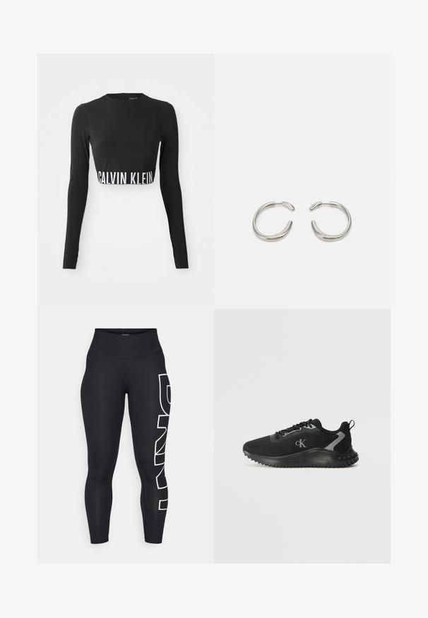 Crna dugački rukav uska majica s visokim izrezom i bijelom trakom s logom "Calvin Klein" oko struka.; Crne tajice od rastezljivog materijala s visokim strukom. Imaju veliki bijeli logo otisnut okomito na lijevoj nozi. Glatka tekstura.; Crne niske atletske tenisice s prozračnom mrežicom, dizajnom na vezivanje, teksturiranim potplatom i logotipom "cK" sa strane.; Srebrne okrugle naušnice s glatkim, zaobljenim dizajnom i sjajnom, poliranom završnom obradom. Imaju minimalistički oblik s blagim otvorom.