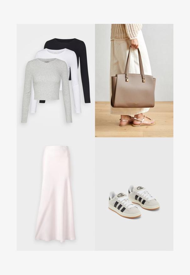 Even&Odd Petite 3 PACK - Majica z dolgimi rokavi - black/white/mottled grey; Svetlo roza, dolga krila iz gladkega, rahlo sijočega materiala. Zelo razširjen videz brez vidnih zapenjal in vzorcev.; Sive športne čevlje iz semiša z belimi vezalkami, črnimi črtami in belim gumijastim podplatom. Imajo okroglo oznako na ježku in podplat iz gume.; Rjav sintetični tote nahrbtnik z dvema dolgima ročajema, kvadratnimi kovinskimi detajli in subtilnim logotipom. Nosi se z svetlo kremasto krilo in sandali.
