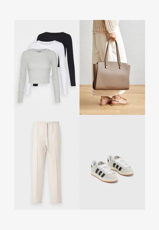 Even&Odd Petite 3 PACK - Top s dlhým rukávom - black/white/mottled grey; Béžové teplákové nohavice s elastickým pásom a šnúrkou, s hladkou textúrou a dvojitými prednými záhybmi pre elegantný vzhľad.; Sivé semišové tenisky s bielymi šnúrkami, čiernymi pruhmi a bielou gumovou podrážkou. Obsahujú okrúhly logo na jazyku a gumenú podrážku.; Hnedá syntetická taška s dvoma dlhými rúčkami, štvormi kovovými akcentmi a jemným logom. Nosená s svetloskrémovou sukňou a sandálmi.