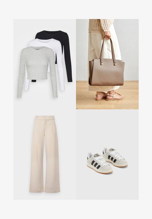 Even&Odd Petite 3 PACK - Ilgarankovis viršutinės dalies drabužis - black/white/mottled grey; JDY GEGGO LIFE OCCASION JRS NOOS - Kelnės - chateau gray; Grynos zomšos sneakeriai su baltais raišteliais, juodomis juostelėmis ir balta gumine sole. Turintys apskritą logotipą ant liežuvėlio ir guminę sole.; Ruda sintetinė pirkinių maišeliai su dviem ilgomis rankenomis, kvadratiniais metaliniais akcentais ir subtiliu logotipu. Dėvimas su šviesiai kreminėmis sijonais ir basutėmis.