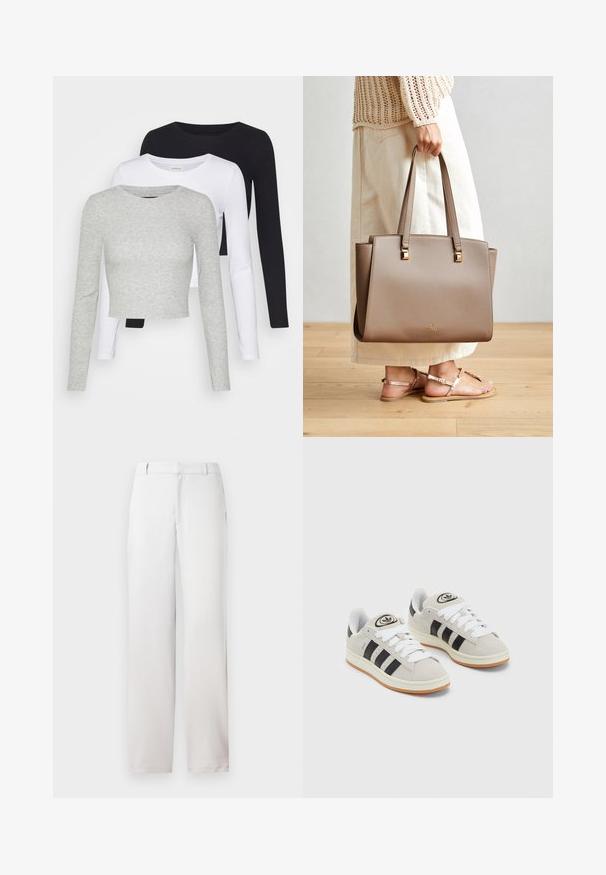 Even&Odd Petite 3 PACK - Tops ar garām piedurknēm - black/white/mottled grey; Baltas bikses ar taisnu griezumu, izgatavotas no gludas auduma. Tām ir sānu kabatas un vienkāršs jostas dizains. Minimālistisks un neitrāls izskats.; Pelēkas zamšādas kedas ar baltām saites, melnām svītrām un baltu gumijas zoli. Raksturīga apļa logo uz mēles un gumijas zole.; Brūns sintētisks rokassomas modelis ar divām garām rokturēm, kvadrātiskām metalizētām akcentiem un diskrētu logotipu. Valkāts ar gaismas krēma svārkiem un sandālēm.