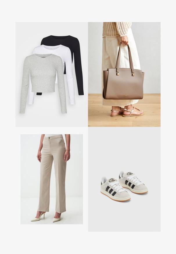 Even&Odd Petite 3 PACK - Longsleeve - black/white/mottled grey; Beige rechte pijpen broek van een katoenmix, met een gladde textuur en een knoopsluiting aan de voorkant, gecombineerd met witte puntige hakken.; Grijze nubucklederen sneakers met witte veters, zwarte strepen en een witte rubberen zool. Bevat een rond logo op de tong en een gumzool.; Bruine synthetische tote bag met twee lange handvatten, vierkante metalen accenten en een subtiel logo. Draagt bij een licht crèmekleurige rok en sandalen.