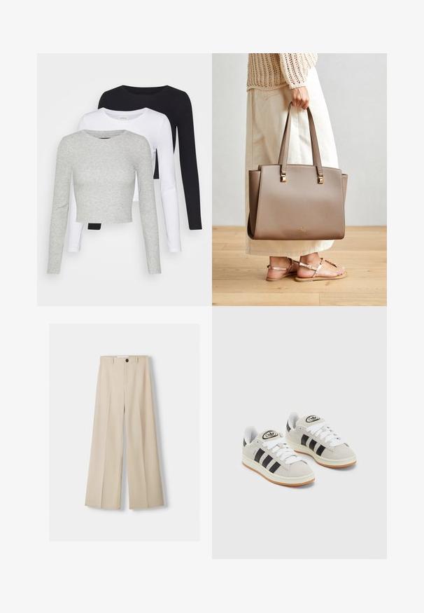 Even&Odd Petite 3 PACK - Majica z dolgimi rokavi - black/white/mottled grey; Bež hlače širokih nogavic z gladko teksturo, ki imajo sprednje zapiranje na gumb in dva stranska žepa. Prilagojen dizajn in naborki spredaj.; Sive športne čevlje iz semiša z belimi vezalkami, črnimi črtami in belim gumijastim podplatom. Imajo okroglo oznako na ježku in podplat iz gume.; Rjav sintetični tote nahrbtnik z dvema dolgima ročajema, kvadratnimi kovinskimi detajli in subtilnim logotipom. Nosi se z svetlo kremasto krilo in sandali.