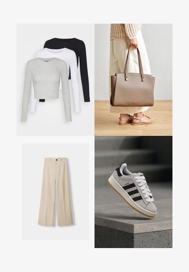 Even&Odd Petite 3 PACK - Longsleeve - black/white/mottled grey; Beige wijde broek met een zachte textuur, voorzien van een sluiting met een knoop aan de voorkant en twee zijzakken. Tailored design en geplooide voorkant.; Grijze Adidas Campus sneaker met zwarte strepen en witte veter, zwevend boven een betonnen richel met trappen op de achtergrond.; Bruine synthetische tote bag met twee lange handvatten, vierkante metalen accenten en een subtiel logo. Draagt bij een licht crèmekleurige rok en sandalen.
