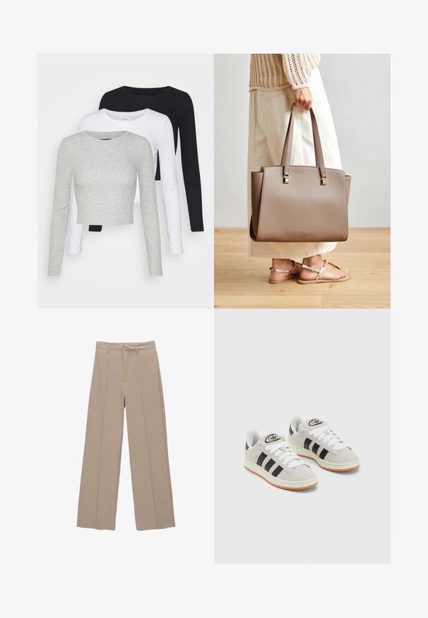 Even&Odd Petite 3 PACK - Pitkähihainen paita - black/white/mottled grey; Beige leveled housut, jotka on valmistettu sileästä kankaasta. Niissä on tasaiset etuosat ja kaksi pystysaumaa jokaisessa jalassa. Ei näkyvää metalliosaa tai kuvioita.; Harmaat mokkasiinikenkä, joissa on valkoiset nauhat, mustat raidat ja valkoinen kumipohja. Kantajassa on pyöreä logo ja vaaleanruskea pohja.; Ruskea synteettinen käsilaukku, jossa on kaksi pitkää kahvaa, neliömäiset metallikoristeet ja hillitty logo. Yhdistetty vaalean kermaiseen hameeseen ja sandaaleihin.