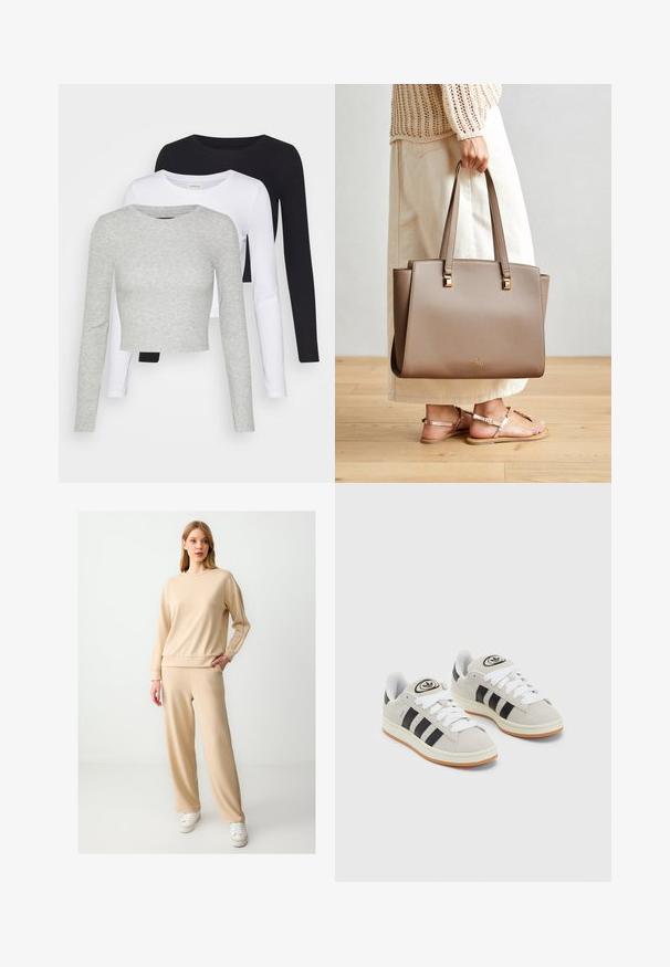 Even&Odd Petite 3 PACK - Longsleeve - black/white/mottled grey; Beige sweatshirt en bijpassende wijde broek, gemaakt van zachte stof. Heeft een ronde halslijn, verlaagde schouders en zijzakken.; Grijze nubucklederen sneakers met witte veters, zwarte strepen en een witte rubberen zool. Bevat een rond logo op de tong en een gumzool.; Bruine synthetische tote bag met twee lange handvatten, vierkante metalen accenten en een subtiel logo. Draagt bij een licht crèmekleurige rok en sandalen.