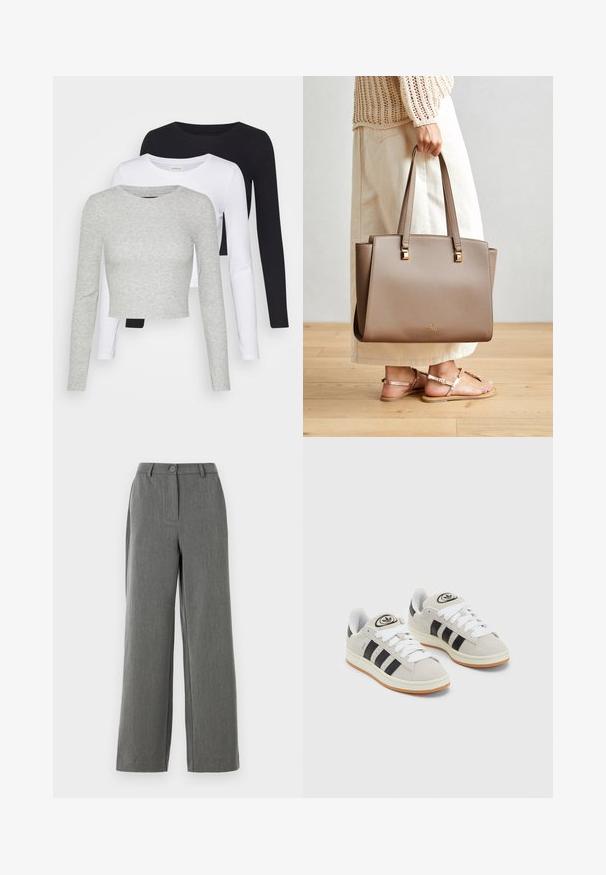 Even&Odd Petite 3 PACK - Långärmad tröja - black/white/mottled grey; Grå bredbenta byxor med en texturerad yta, med en knappstängning i midjan och en ren, skräddarsydd silhuett.; Grå mocka sneakers med vita snören, svarta ränder och en vit gummisula. Har en rund logo på tungan och en gummisula.; Brun syntetisk axelväska med två långa handtag, fyrkantiga metalliska detaljer och en subtil logotyp. Bärs med en ljus krämfärgad kjol och sandaler.