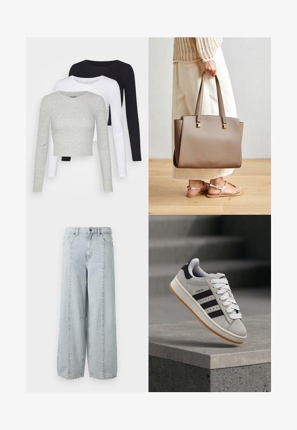 Even&Odd Petite 3 PACK - Pikkade varrukatega topp - black/white/mottled grey; Heledad sinise tooni laiad teksad, mis on valmistatud denimist ja millel on vertikaalse triibustik, esipocketid ja nööbiga kinnitusega vöökoht.; Hall Adidas Campus spordijalats mustade triipude ja valgete paeltega, mis hõljub betoonist ääre kohal, kus taustal on trepid.; Pruun sünteetiline kott kahe pika käepideme, neljakandiliste metallaktsentide ja peene logoga. Kandmiseks kerge kreemika seelikuga ja sandalettega.