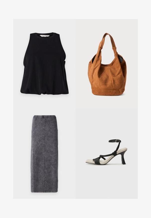Fekete ujjatlan felső, puha anyagból, kerek nyakkivágással és laza fazonnal, amely finoman omlik le a szegélyén. Nincsenek látható minták vagy díszítések.; Szürke, térdpostig érő szoknya texturált anyagból, egyenes szabással és rugalmas derékrésszel. Nincsenek rajta további díszítések vagy minták.; Fekete sarkú szandál fonott pánttal, négyzet alakú orral és állítható bokapánttal. Világos bézs talpbetét fényes fekete sarkával.; Barna velúr válltáska puha textúrával, ívelt formával és két füllel. Jellemzője a minimalista dizájn, amelyen nincsenek látható fémrészletek vagy díszítések.