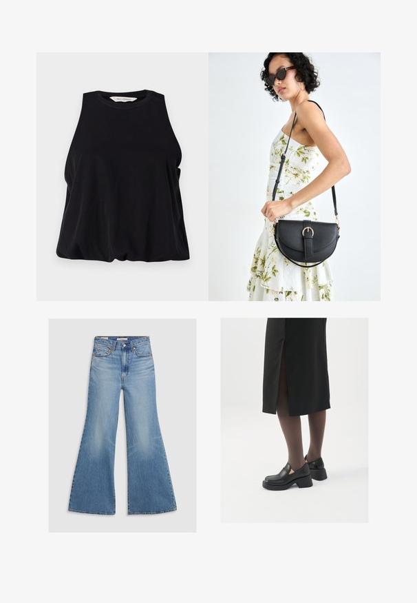 Sorte ermeløs topp laget av myk stoff, med en rund halslinje og en løs passform som faller lett nederst. Ingen synlige mønstre eller detaljer.; Lysvaskede denim flare jeans har høy midje, frontlommer og bronse detaljer. Stoffet har en falmet tekstur med en glatt finish.; Sorte lærersko med rund tå, tykk blokkheel og elastiske sideaksenter, sammen med mørke strømpebukser og et svart skjørt med splitt.; Svart lærveske med en buet form, avtagbar stropp og gullbeslag. Vesken har et klaff med spenne-detall.