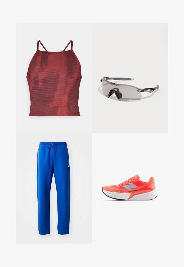 Red, textured athletic cropped tank top with thin straps and a subtle pattern. Features a small black logo on the lower right side.; Blue sweatpants made of soft fabric, featuring an elastic waistband with drawstring, tapered legs, and a small logo detail on the side.; Lightweight running shoe in bright coral with mesh upper and silver logo. Distinctive textured white midsole and black rubber outsole.; Sunglasses with a translucent gray frame, tinted lenses, and angular design. Features a distinctive nose piece and textured dark gray temple arms.