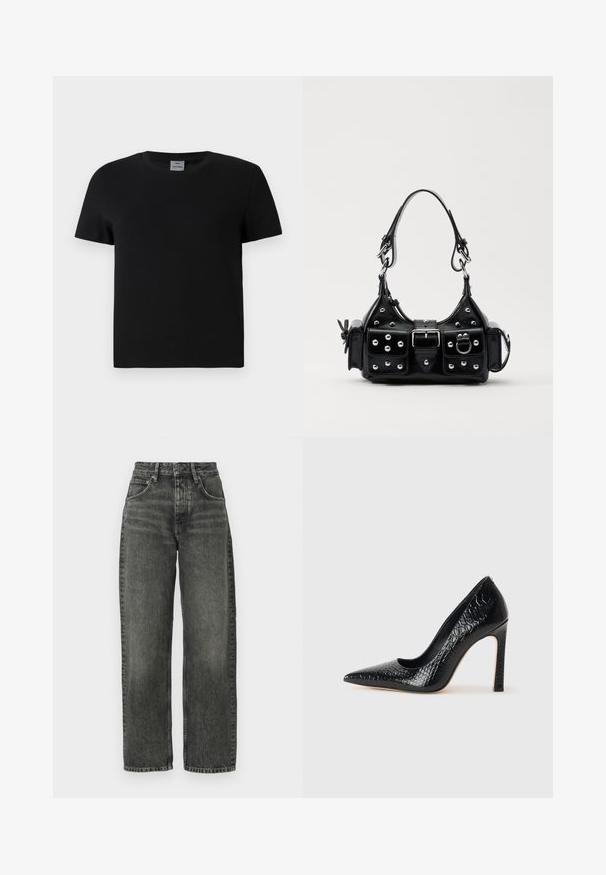 Čierne bavlnené tričko s okrúhlym výstrihom a krátkymi rukávmi. Jednoduchý dizajn, bez vzorov alebo akcentov, so strihať priamo v páse.; Won Hundred ALEXANDRA - Džínsy voľného strihu - tinted black; Čierna lodička s špicatou špičkou a lakovanou textúrou krokodíla, s elegantným dizajnom, vysokým stiletto podpätkom a hladkým čiernym interiérom.; Čierna kožená kabelka s zakriveným dizajnom, doplnená striebornými cvočkami, prackou a dvoma bočnými vreckami. Nastaviteľný popruh poskytuje rôzne možnosti nosenia.